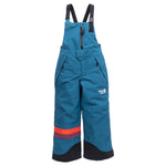 Town Hall Mountain Town kids snow bib in Blue Coral teal, front view with black shoulder straps and striped leg.