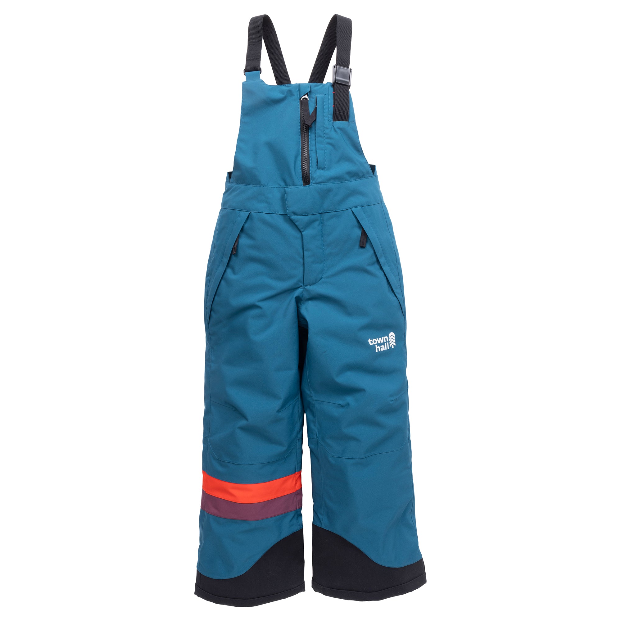 Town Hall Mountain Town kids snow bib in Blue Coral teal, front view with black shoulder straps and striped leg.