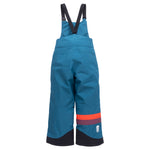 Town Hall Mountain Town kids snow bib in Blue Coral teal, back view with orange and purple leg stripes.