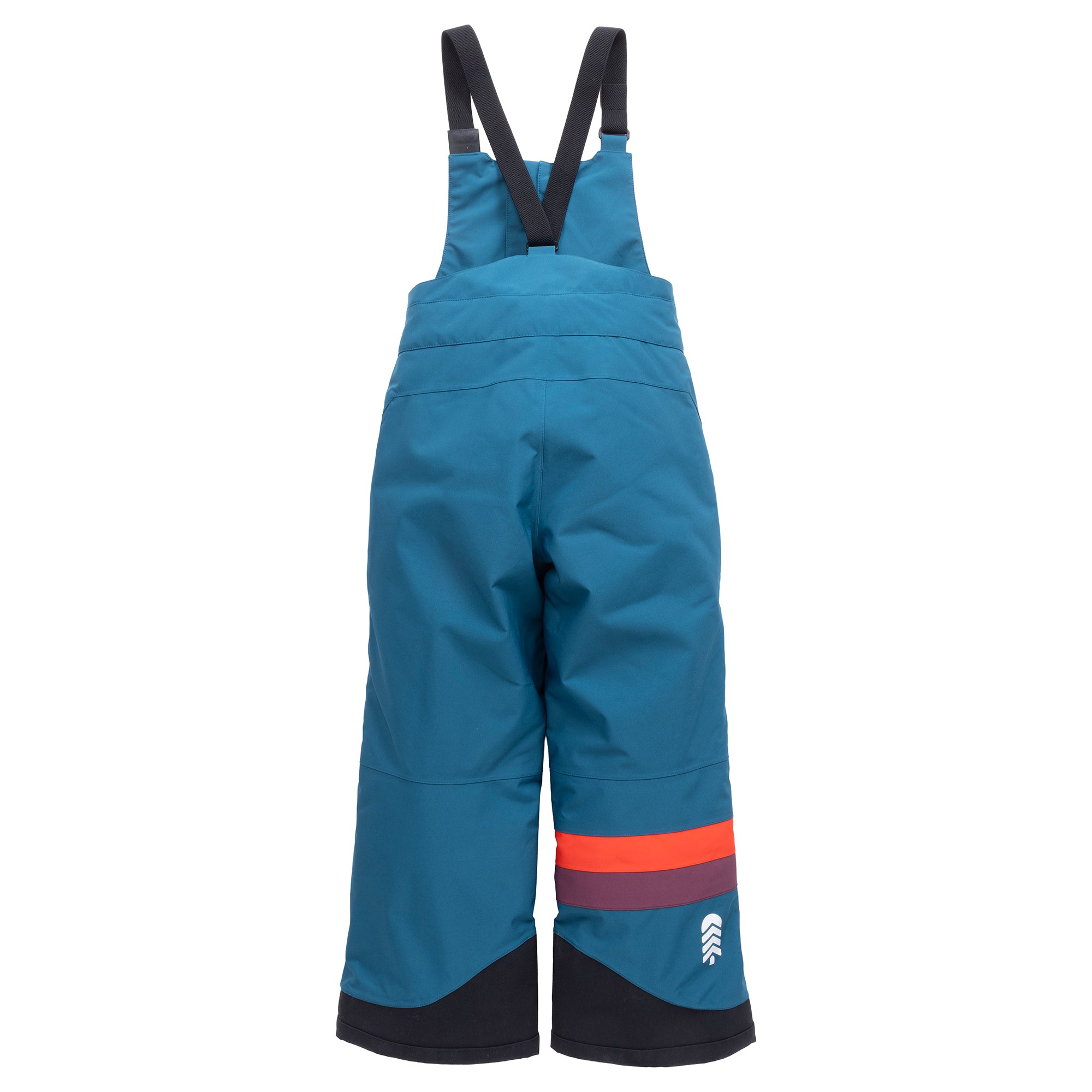 Town Hall Mountain Town kids snow bib in Blue Coral teal, back view with orange and purple leg stripes.