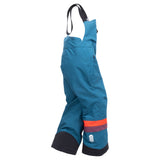 Town Hall Mountain Town kids snow bib in Blue Coral teal, side view with black ankle panels and striped leg.
