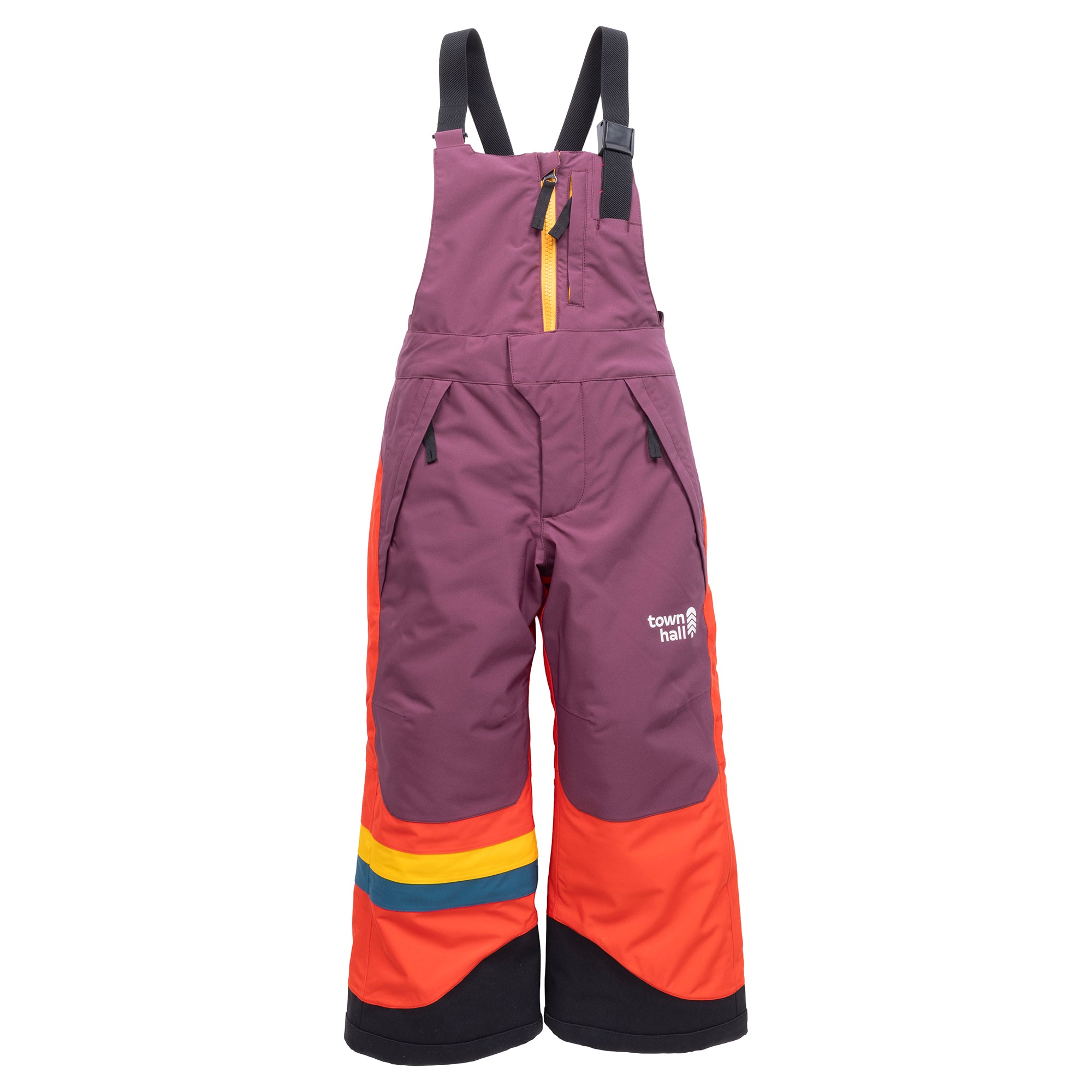 Town Hall Mountain Town kids snow bib in Grape Jam purple and orange, front view with yellow chest zipper.