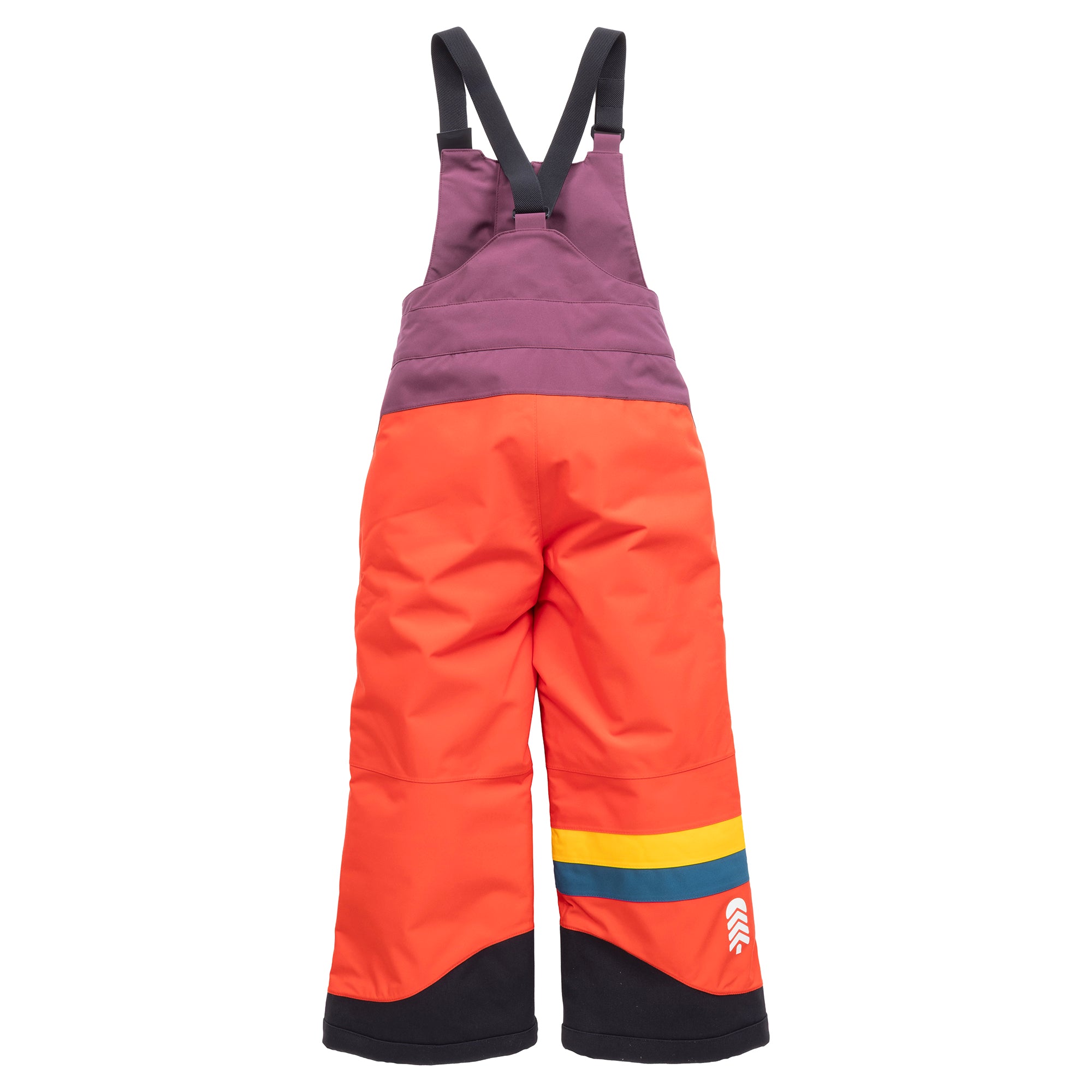 Town Hall Mountain Town kids snow bib in Grape Jam purple and orange, back view with yellow and teal leg stripes.