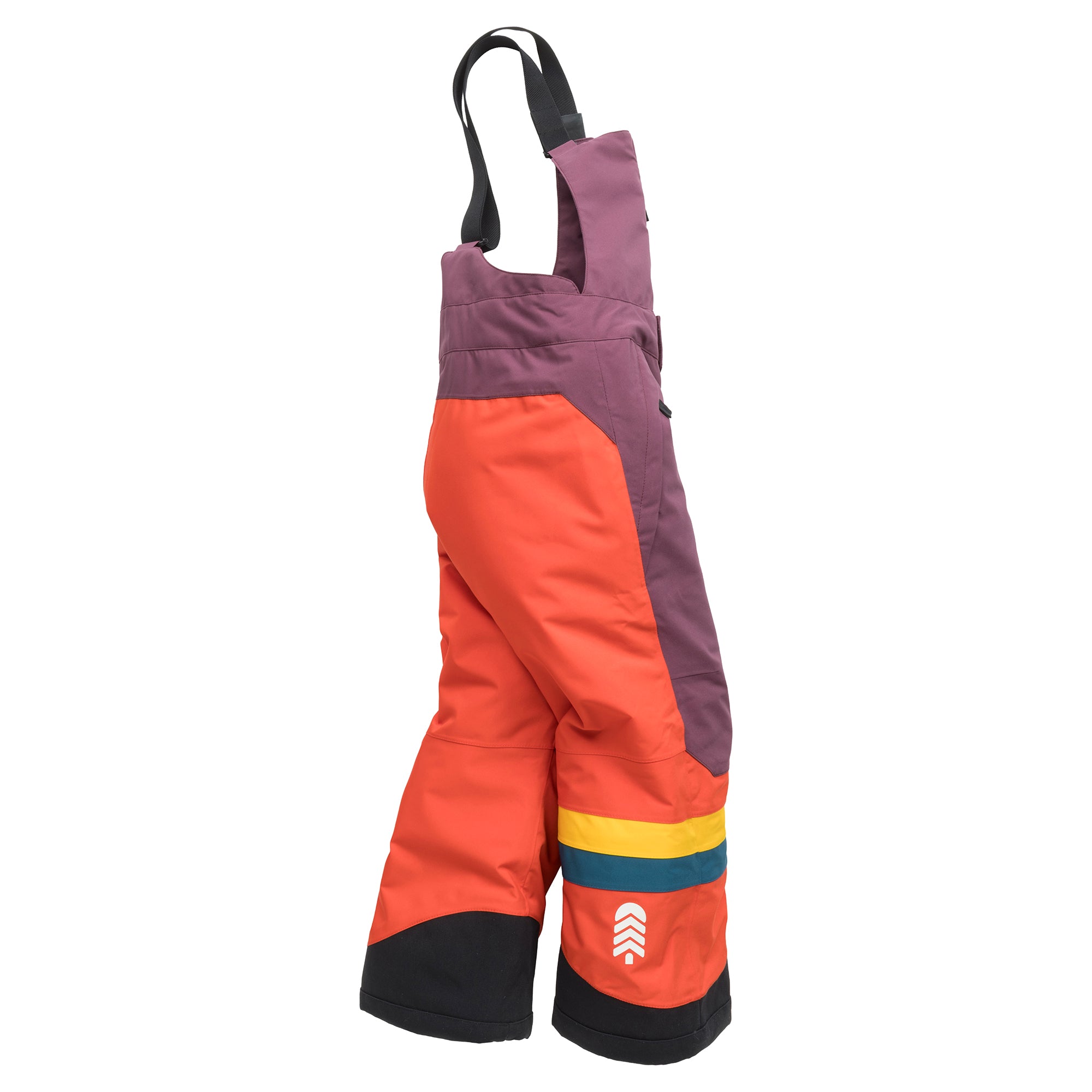 Town Hall Mountain Town kids snow bib in Grape Jam purple and orange, side view with striped leg and black ankle panels.
