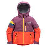 Town Hall Mountain Town kids winter jacket in purple and orange, front view with hood and yellow zippers.