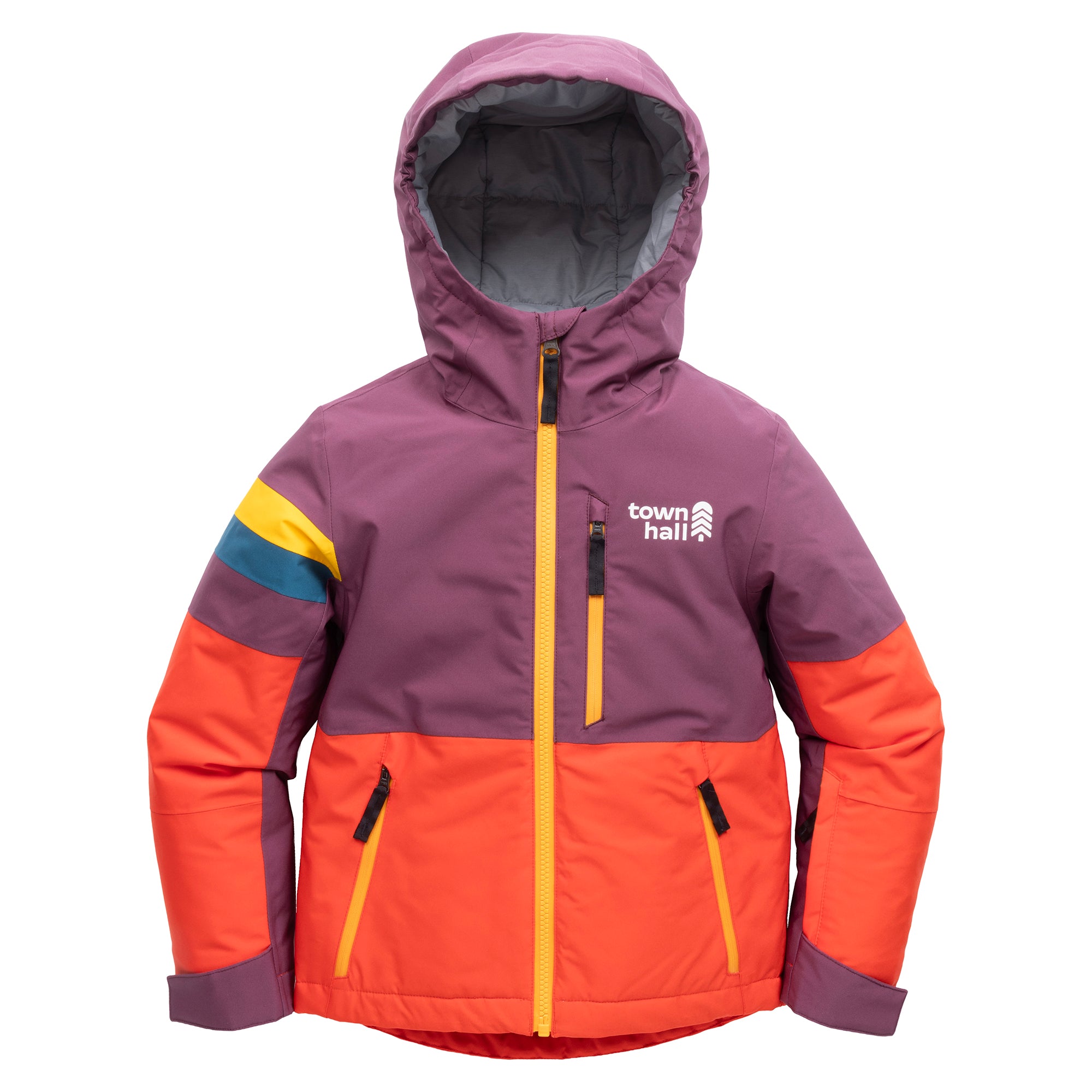 Town Hall Mountain Town kids winter jacket in purple and orange, front view with hood and yellow zippers.