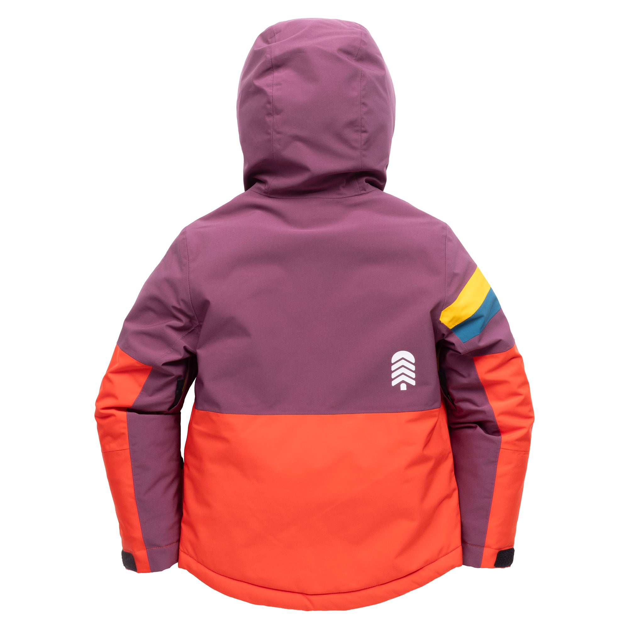 Town Hall Mountain Town kids winter jacket in purple and orange, back view with hood and striped sleeve.