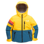 Town Hall Mountain Town kids winter jacket in yellow and teal, front view with hood and zippered pockets.