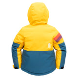 Town Hall Mountain Town kids winter jacket in yellow and teal, back view with hood and white tree logo.