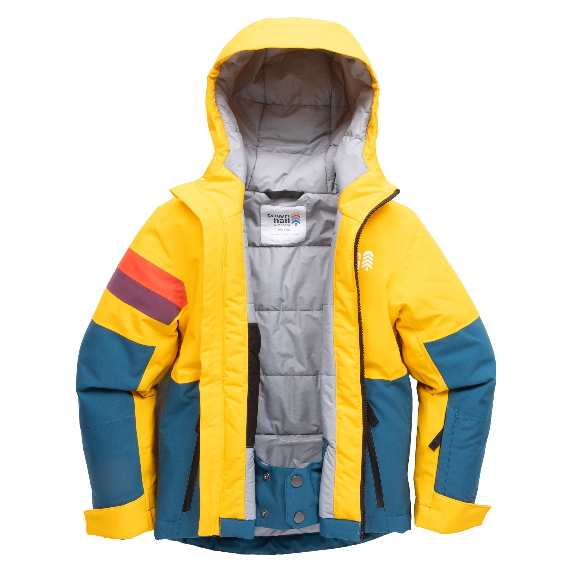 Yellow and teal Mountain Town kids winter jacket unzipped to show gray quilted lining and snap powder skirt.