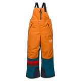 Front view of Town Hall's Mountain Town Winter Bib in Peach Caramel/Blue Coral color, featuring sustainable waterproof design for snow days and sledding adventures.