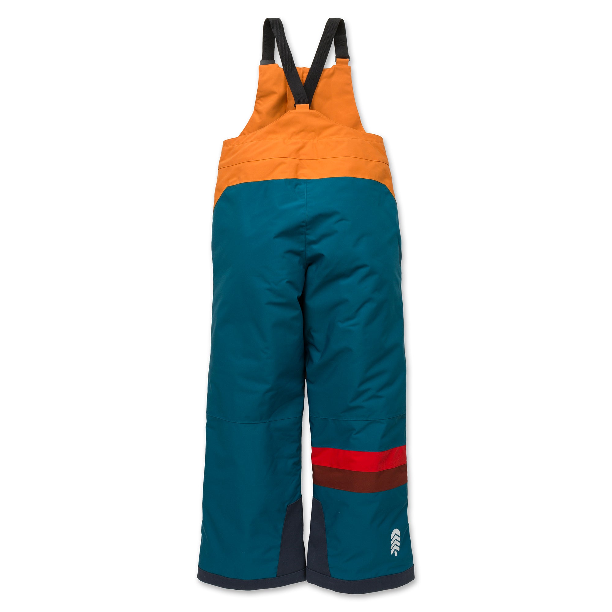 Back view of Town Hall's sustainable Mountain Town Winter Bib in Peach Caramel/Blue Coral, featuring adjustable shoulder straps and durable construction. 