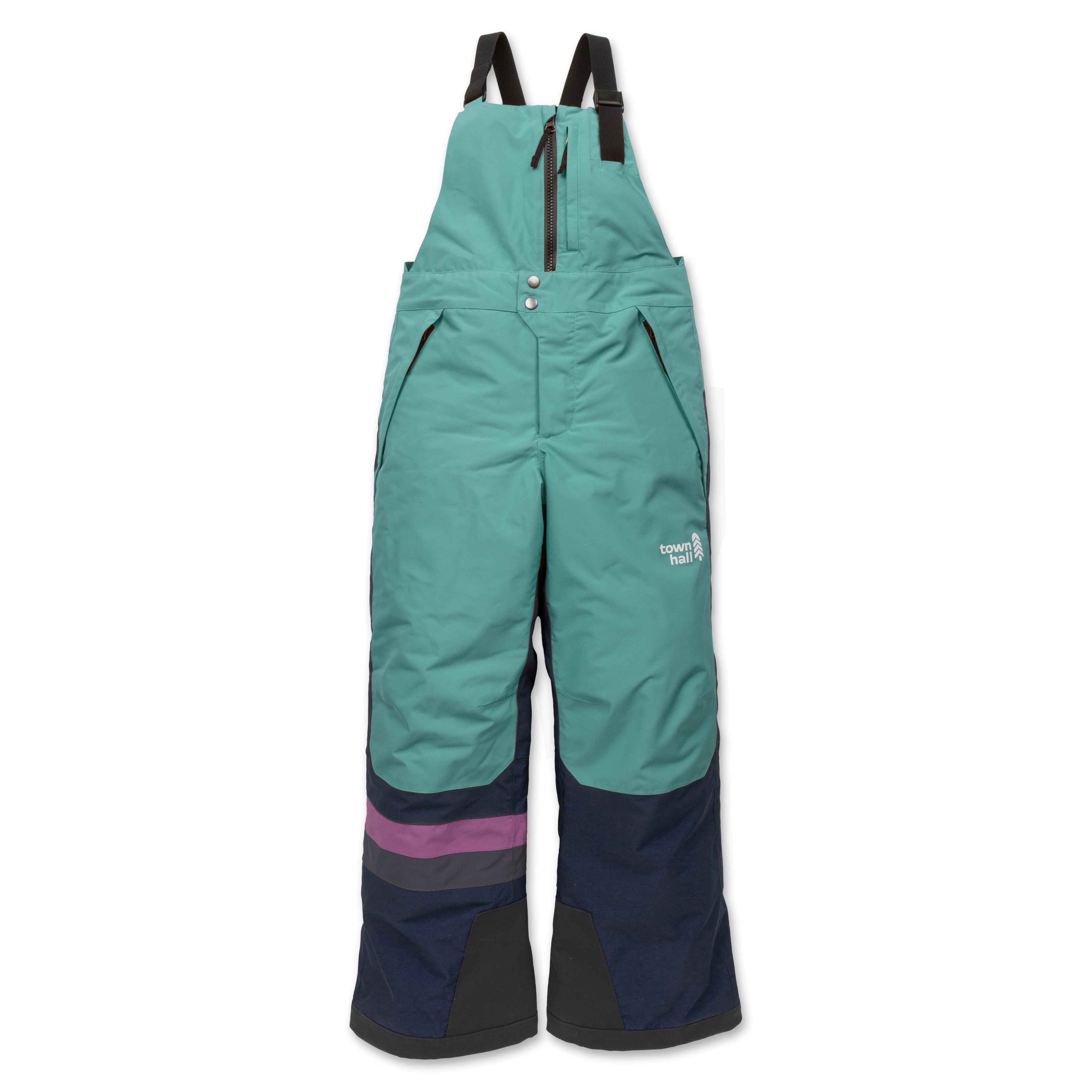 Front view of Town Hall's Mountain Town Winter Bib in Canton/Black Iris, featuring waterproof two-way zipper and hand pockets with durable YKK zippers for small treasures.