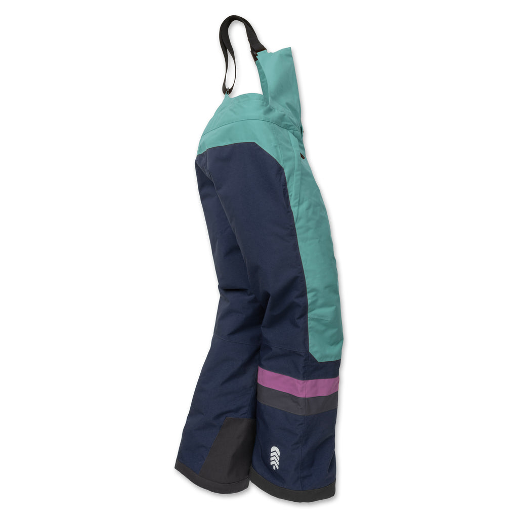 Side profile of Town Hall's Canton/Black Iris Winter Bib displaying the articulated knees and durable kick patches that stand up to active winter play.