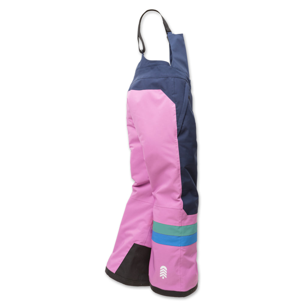 Side view of Town Hall's Mulberry/Black Iris Winter Bib showing reinforced knees and durable construction designed for kids who get after it in the snow. 