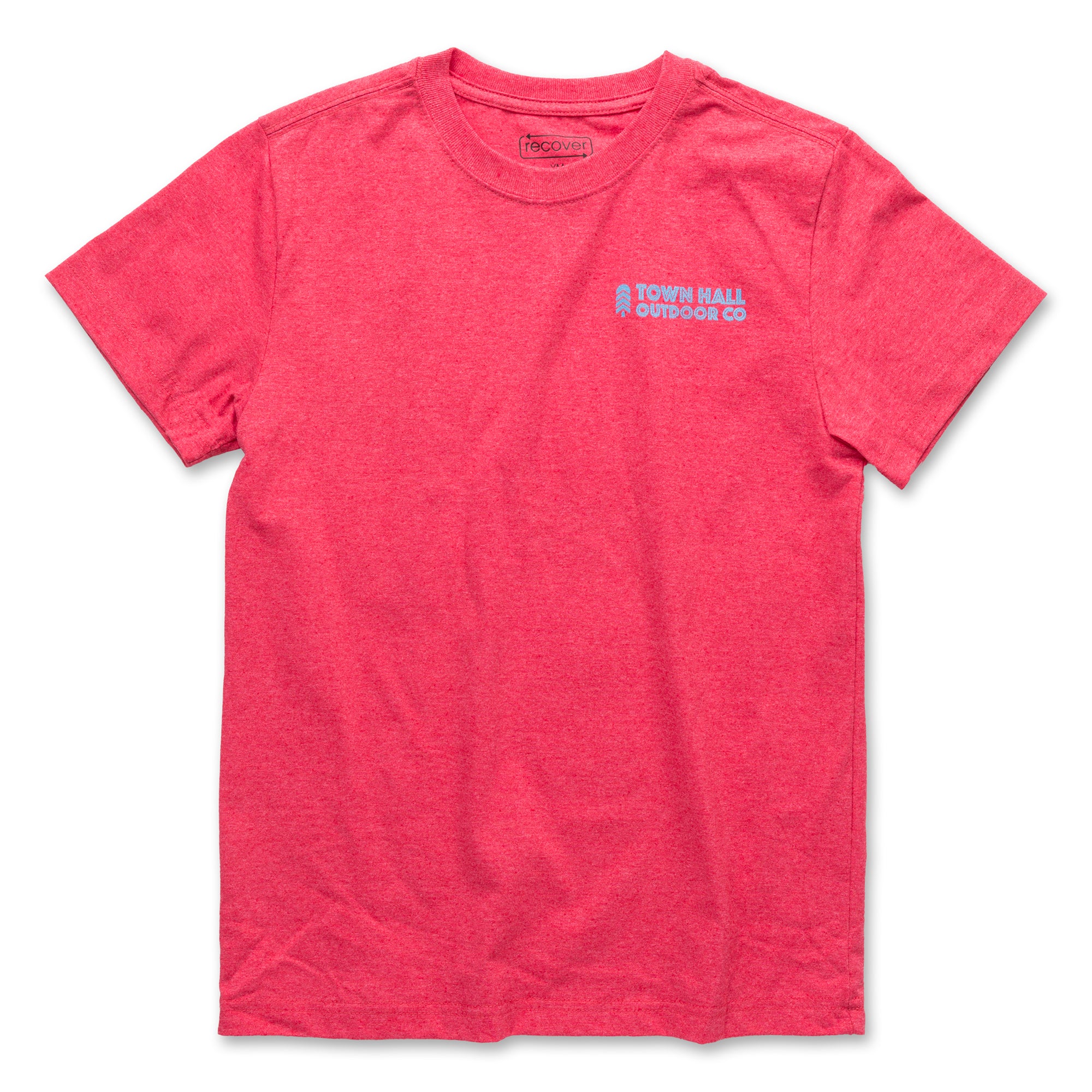Front view of our ruby red Kids Summertime Tee featuring the Town Hall logo, ultra-soft comfort for all their summer camping trips and backyard explorations.