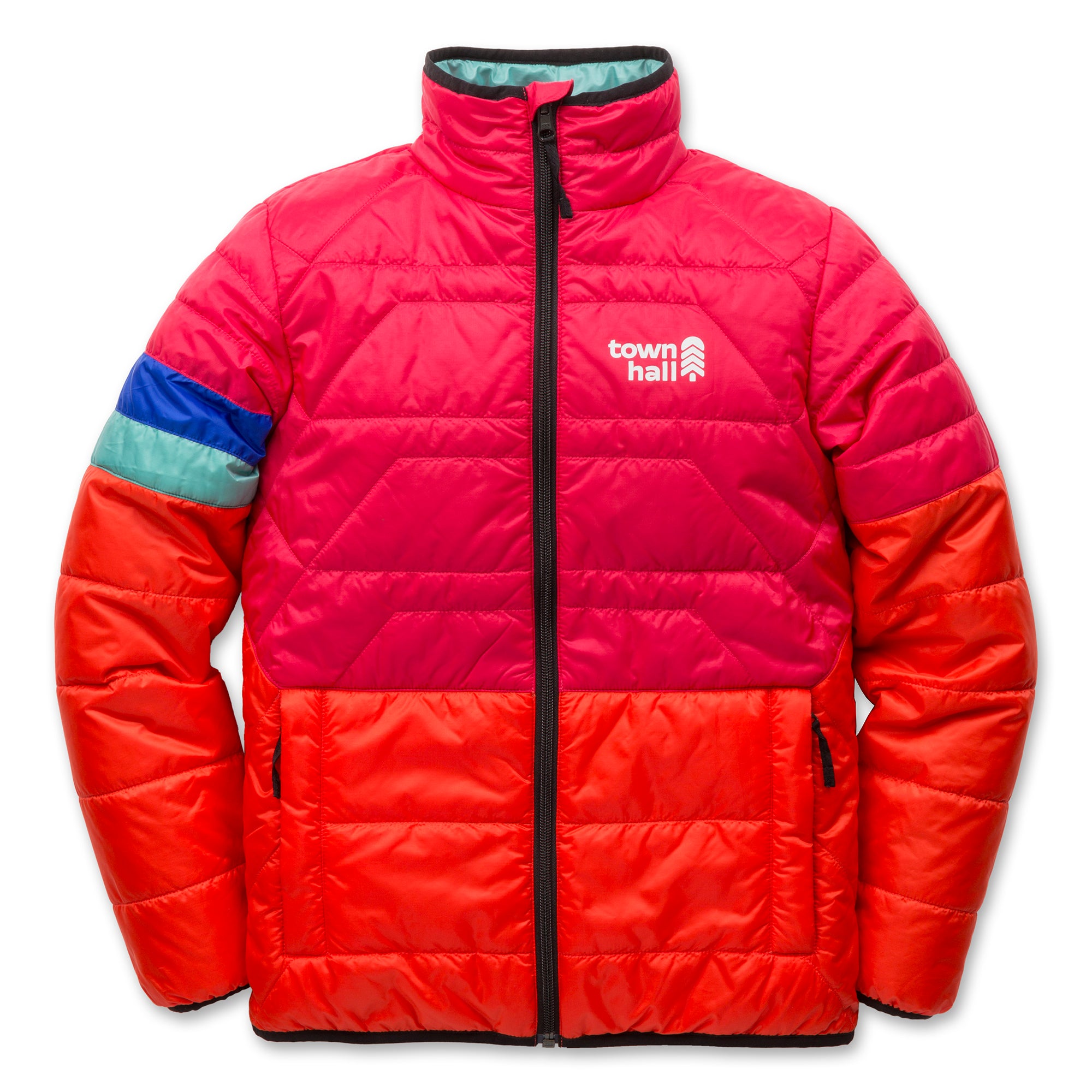 Skip Town insulated jacket in Rose Red with Town Hall logo, featuring durable ripstop fabric, weather-resistant finish and lightweight insulation for just-right warmth.