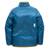 Back view of teal Skip Town Insulated Jacket reverse side with white Town Hall logo and yellow trim.