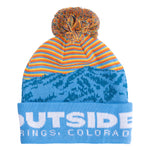 Back view of Kids Love Outside Beanie with blue mountains, striped crown, pom-pom and Steamboat Springs, Colorado lettering.