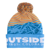 Back view of Kids Love Outside Beanie with blue mountains, striped crown, pom-pom and Steamboat Springs, Colorado lettering.