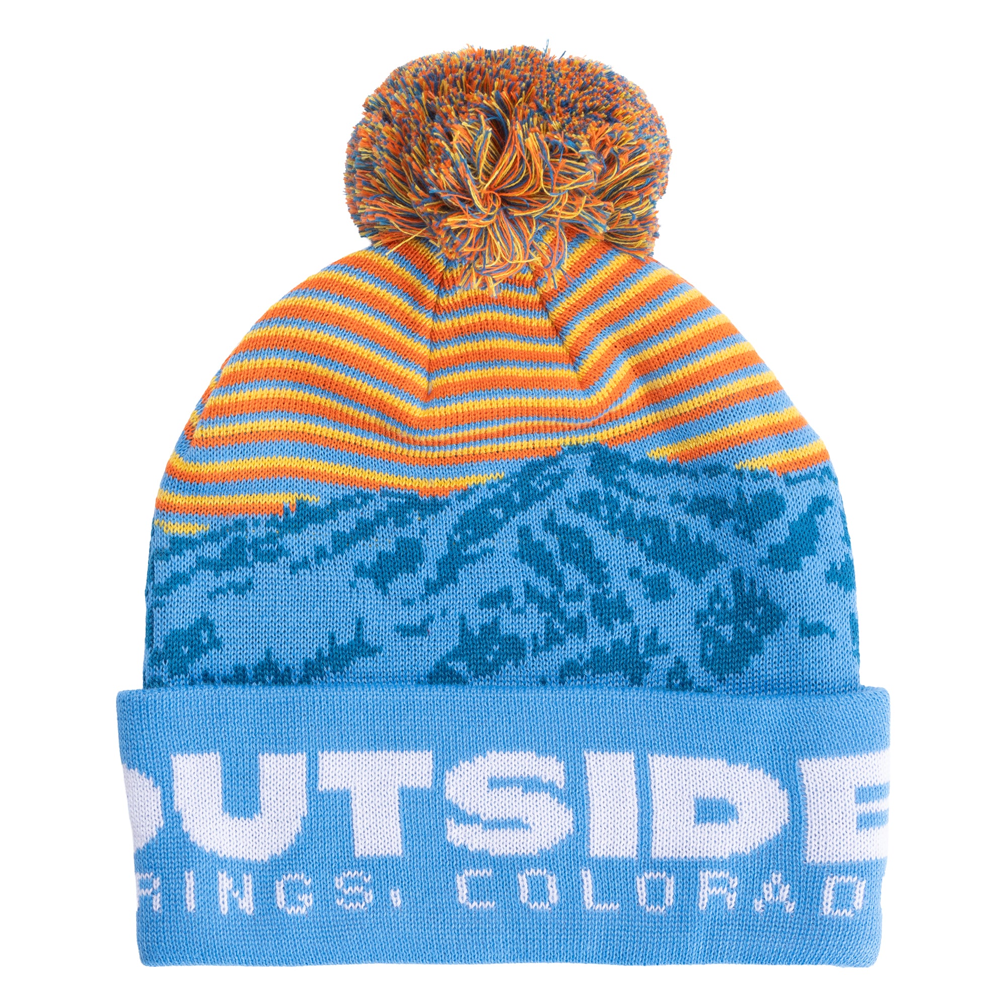 Back view of Kids Love Outside Beanie with blue mountains, striped crown, pom-pom and Steamboat Springs, Colorado lettering.