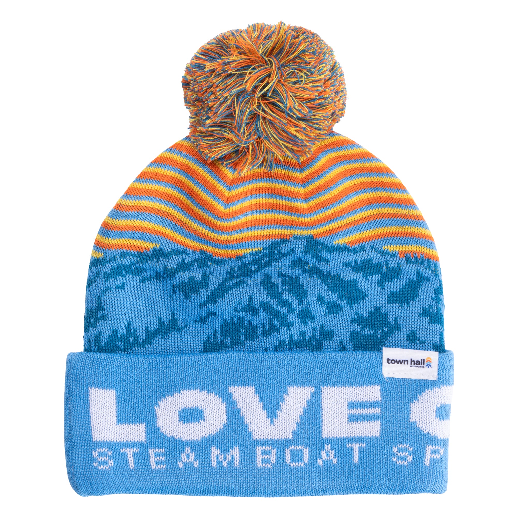 Front view of Town Hall Kids Love Outside Beanie in blue with mountain pattern, orange and yellow stripes, and pom-pom.