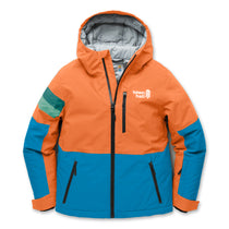 Orange and blue jacket with a visible brand logo on a white background