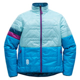 Front view of women's OuttaTown Reversible Jacket in aqua and bright blue with purple zipper and striped sleeve.