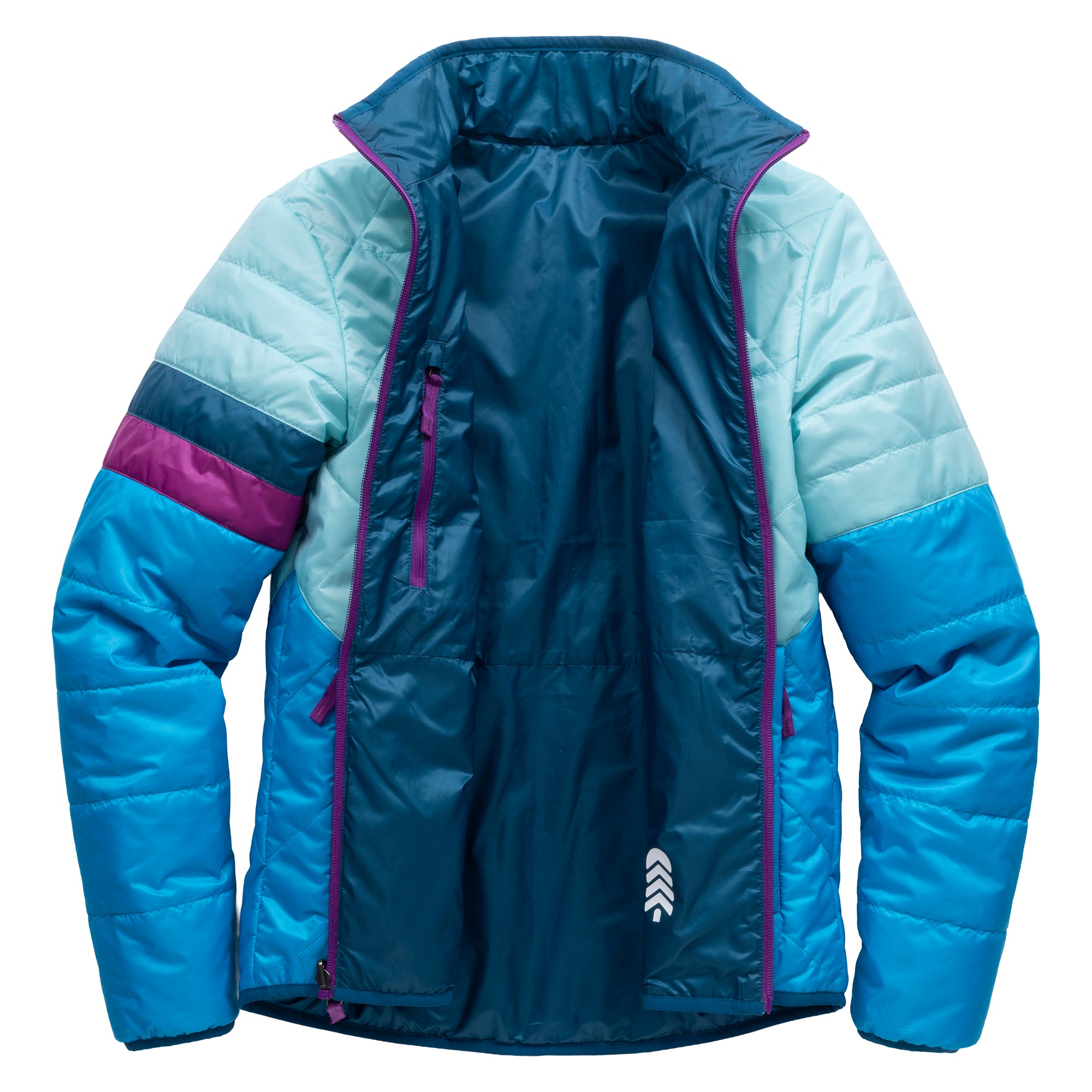 Women's OuttaTown Reversible Jacket unzipped to show its dark teal reverse side and zippered chest pocket.