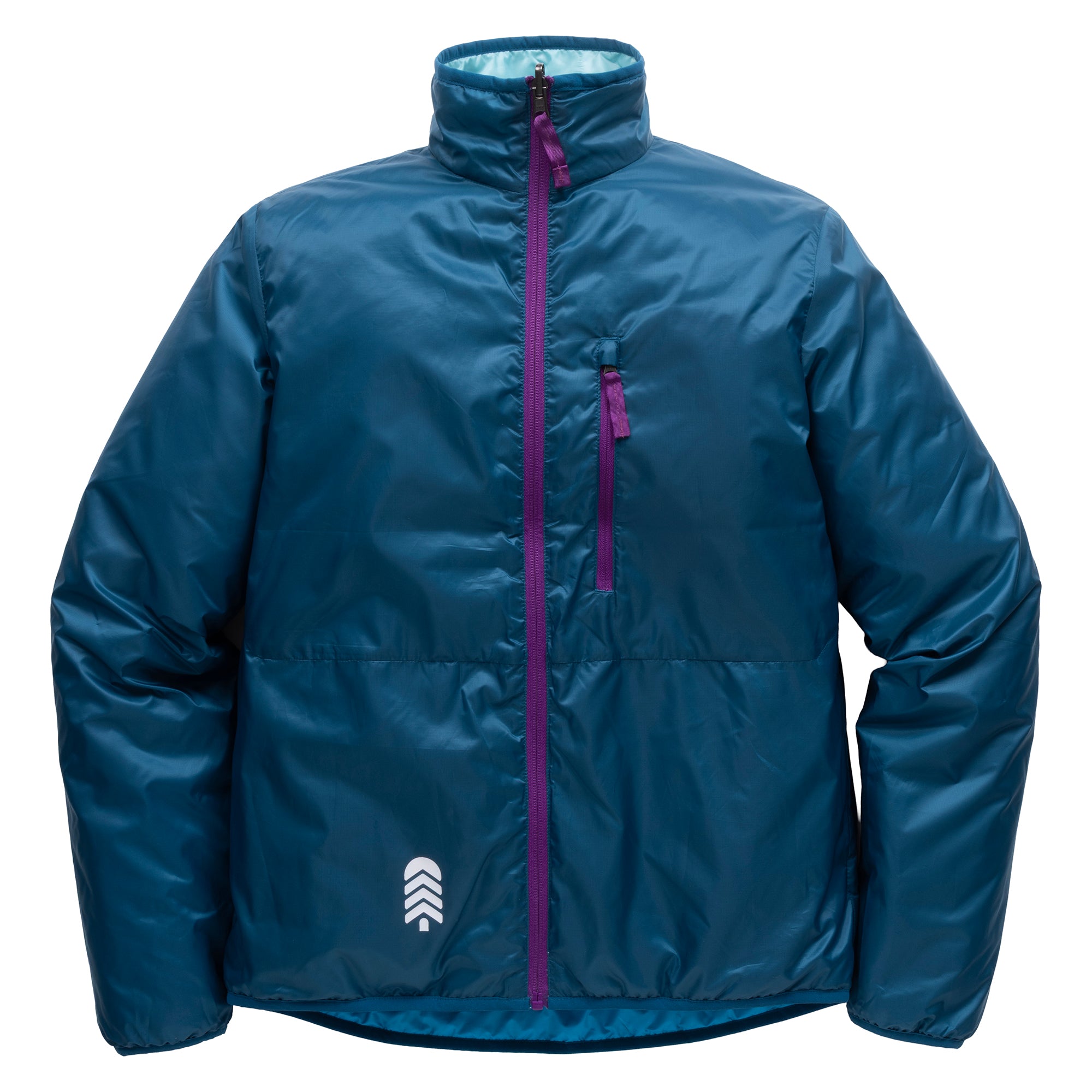 Front view of women's OuttaTown Reversible Jacket on its dark teal side with purple zippers and chest pocket.