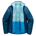 Dark teal side of women's OuttaTown Reversible Jacket unzipped to reveal aqua and blue quilted panels.