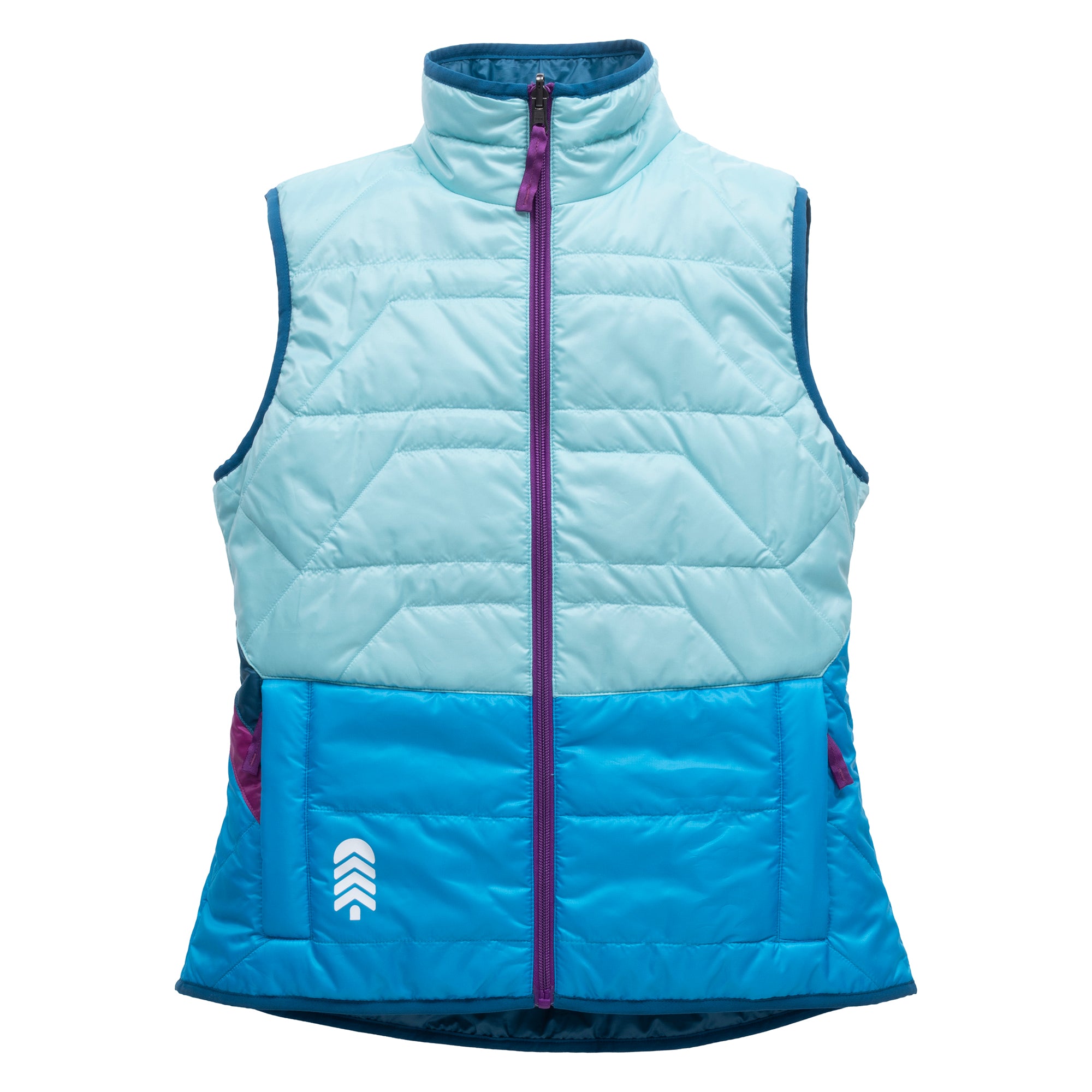 Bright blue womens puffy vest with purple zippers