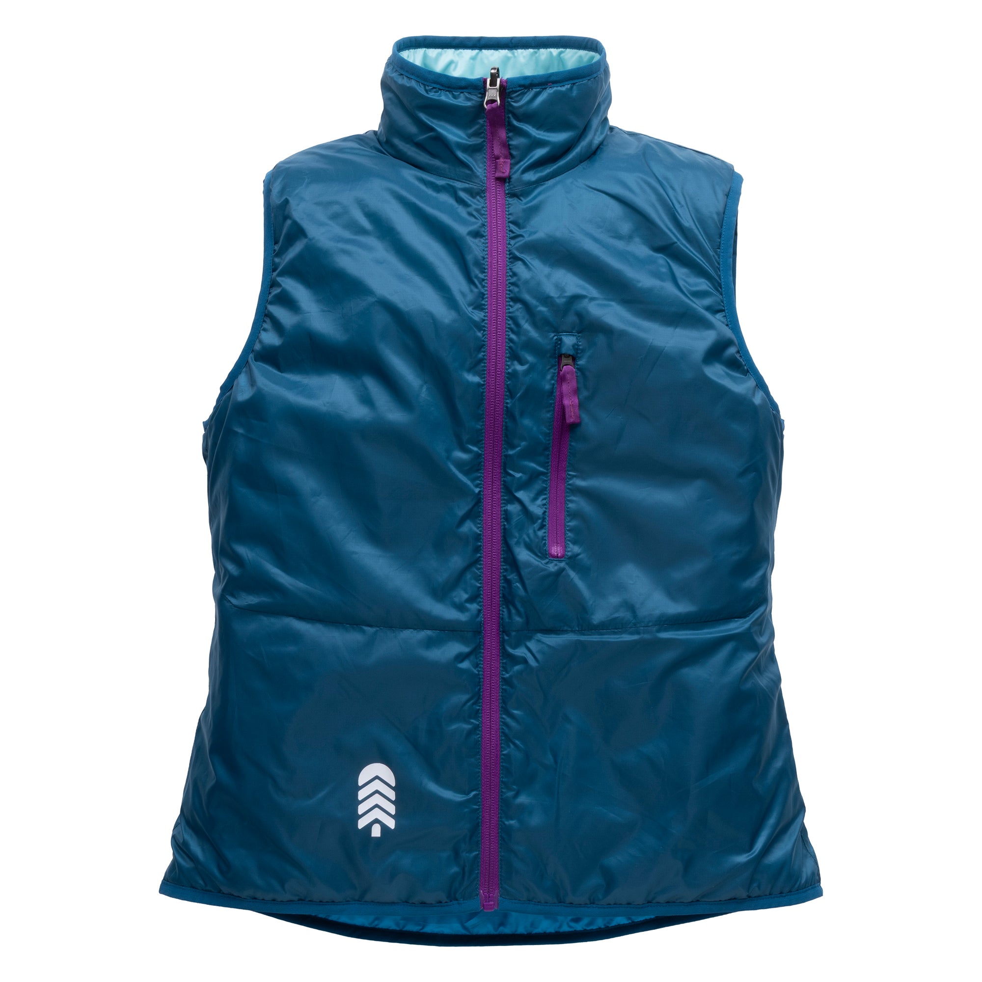 Blue coral women's puffy vest with purple zippers