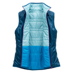 blue puffy vest left open to see the inside colors with purple zipper.