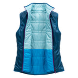 blue puffy vest left open to see the inside colors with purple zipper.