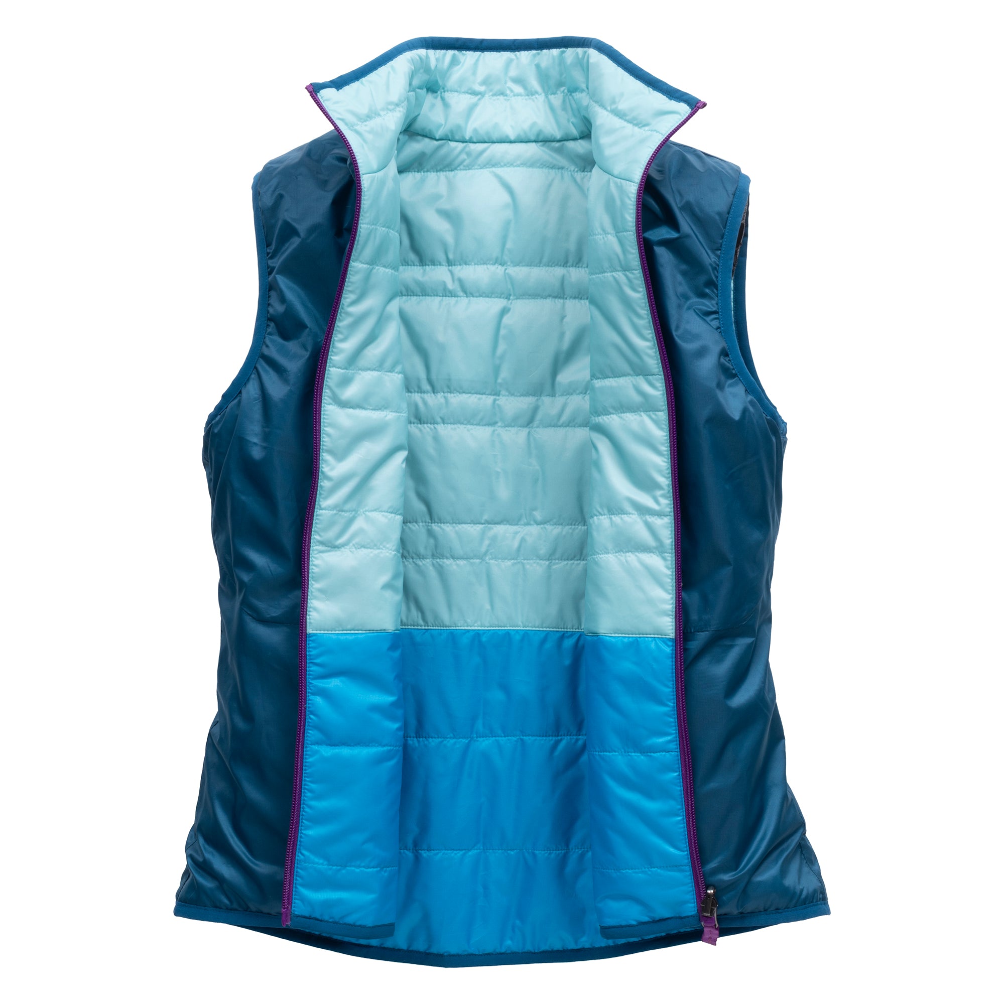 blue puffy vest left open to see the inside colors with purple zipper.