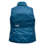 Back of blue coral puffy vest with purple zippers