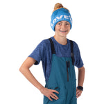 Child modeling a Blue Coral Mountain Town kids snow bib, showing black shoulder straps and zippered chest pocket