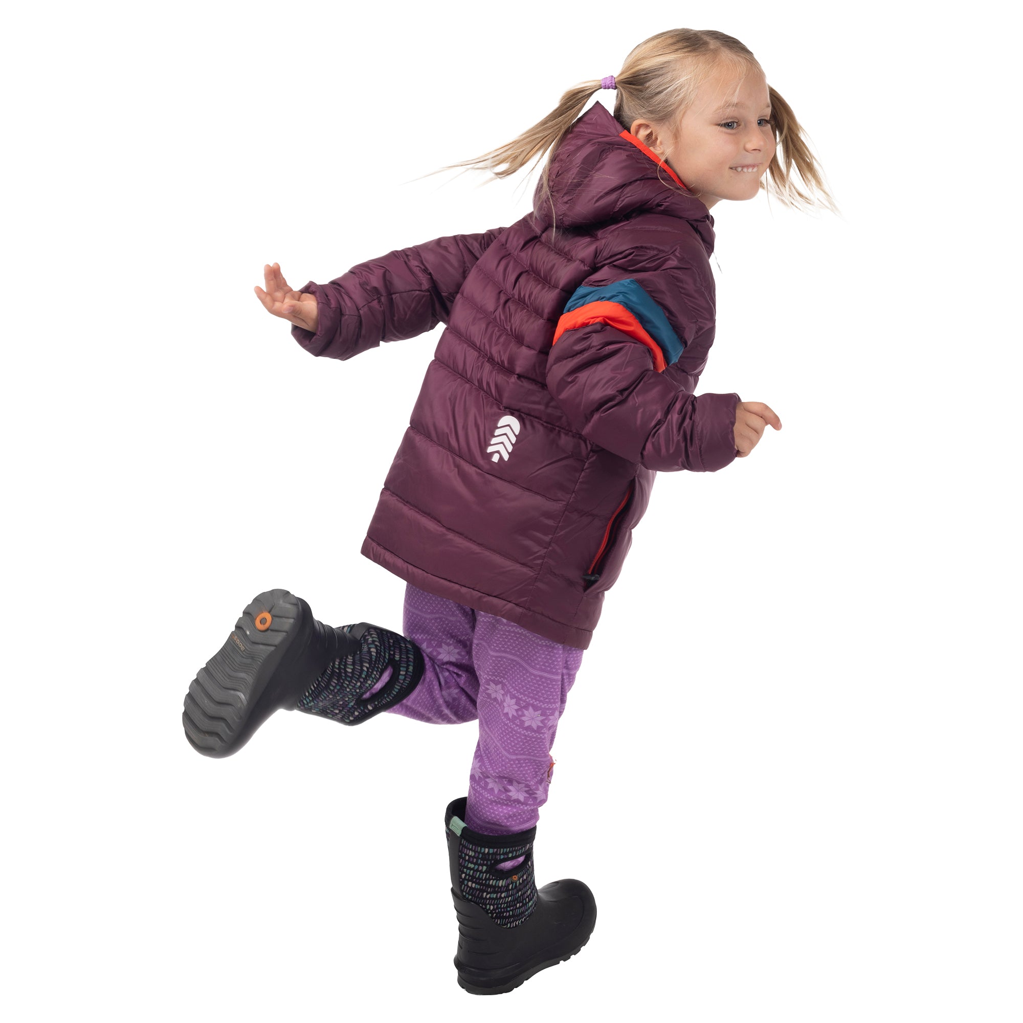 Child running in a Grape Jam purple Town Hall Down Town Puffy kids puffer jacket with teal and orange sleeve stripes.