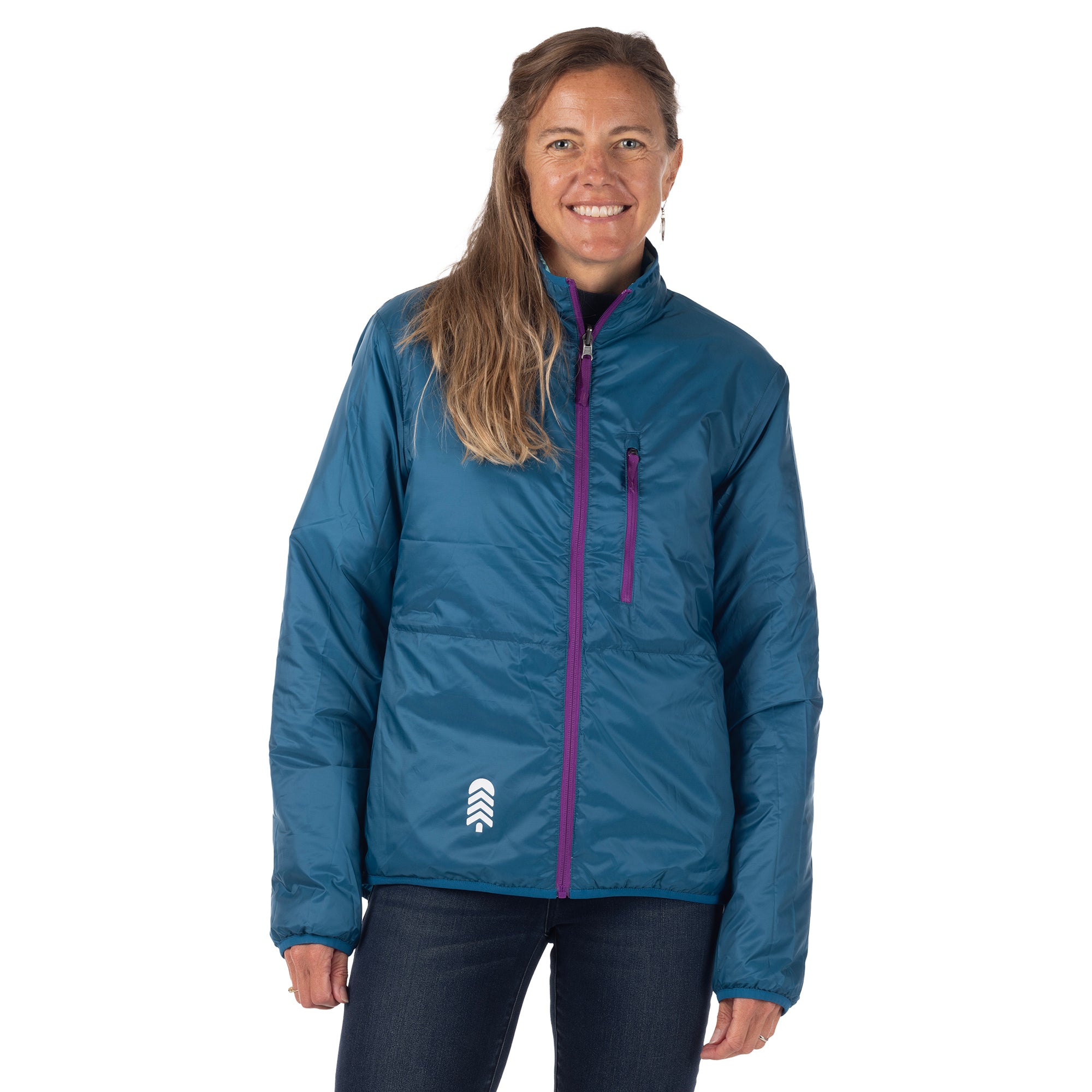 Woman modeling the dark teal side of the OuttaTown Reversible Jacket with purple zipper and chest pocket.