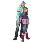 Mother and daughter outdoor duo with girl in Midtown Fleece Jacket in Mulberry/Black Iris and woman in Adult Down Town Puffy, showing Town Hall's family-friendly gear collection.