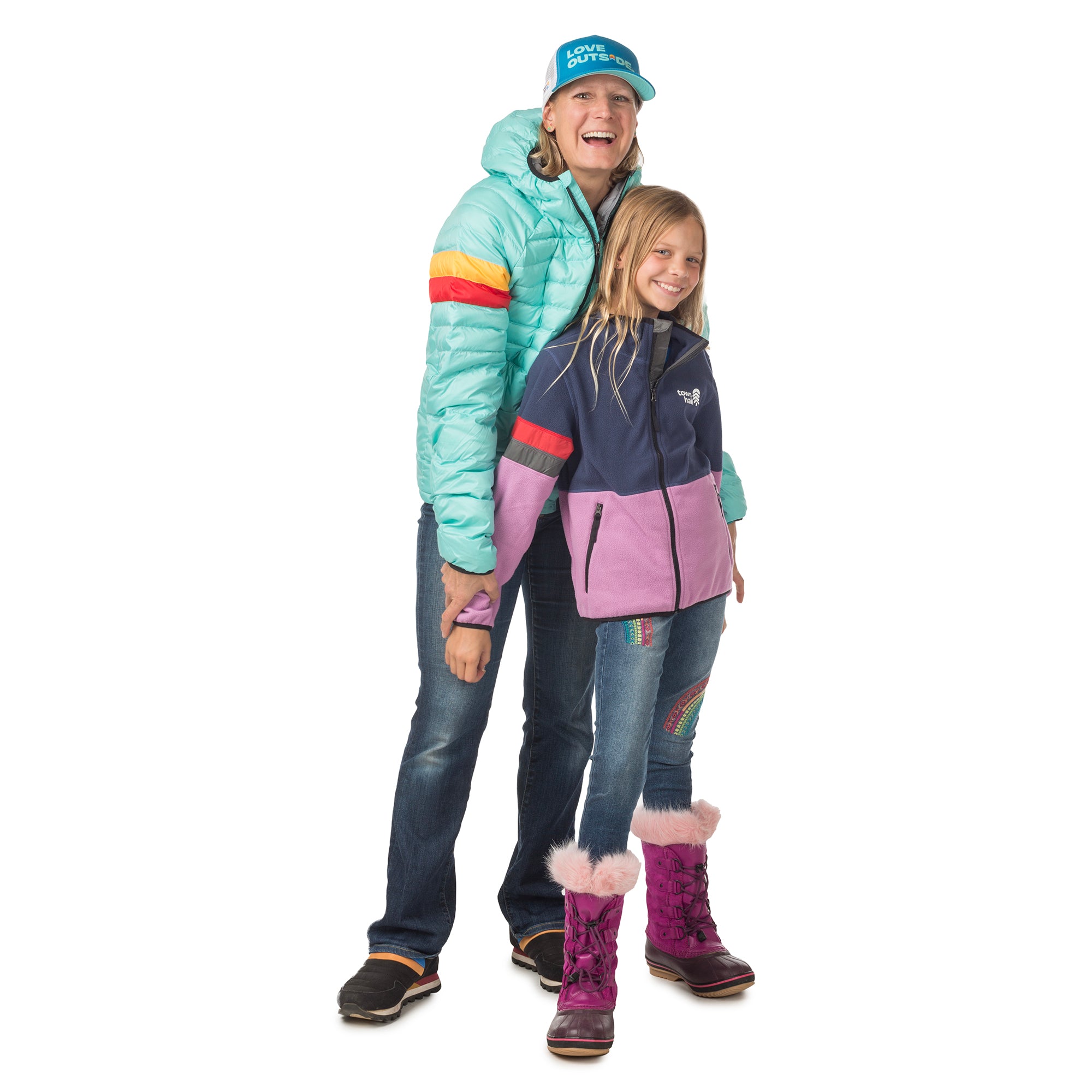 Mother and daughter outdoor duo with girl in Midtown Fleece Jacket in Mulberry/Black Iris and woman in Adult Down Town Puffy, showing Town Hall's family-friendly gear collection.
