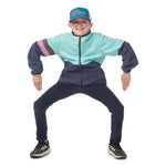 Child wearing our all-season Midtown Fleece Jacket in Aqua Sky with Black Iris details and Town Hall logo, perfect for everything from school walks to summer campfires.