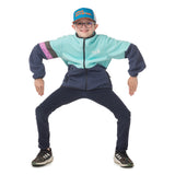 Child wearing our all-season Midtown Fleece Jacket in Aqua Sky with Black Iris details and Town Hall logo, perfect for everything from school walks to summer campfires.