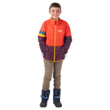 Child modeling the orange and plum Skip Town Insulated Jacket with hands in its pockets.