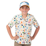 Child modeling the front of Town Hall Kids Cabana Shirt in Vanilla, showing short sleeves and a logo chest pocket.