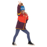 Child raising a peace sign in an orange and plum Skip Town Insulated Jacket and blue pom-pom beanie.