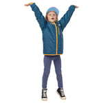 Child raising both arms while wearing the teal reverse side of the Skip Town Insulated Jacket with yellow trim.