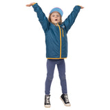 Child raising both arms while wearing the teal reverse side of the Skip Town Insulated Jacket with yellow trim.
