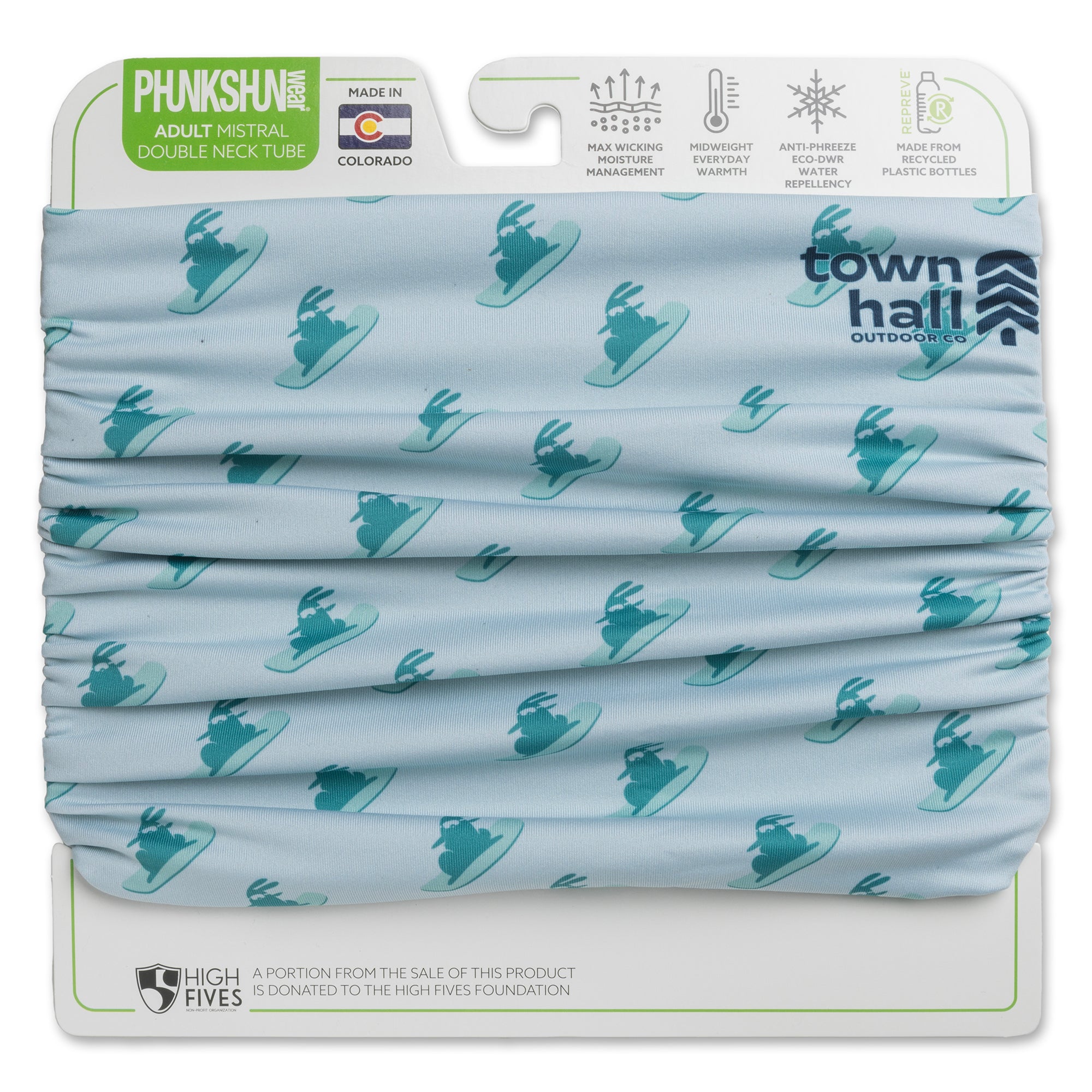 Teal snowboarding bunny neck gaiter shown with retail packaging, highlighting Town Hall's playful branding and versatile mountain-ready design.